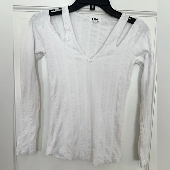LNA ribbed white long sleeve top with cut out shoulders - Picture 2 of 5